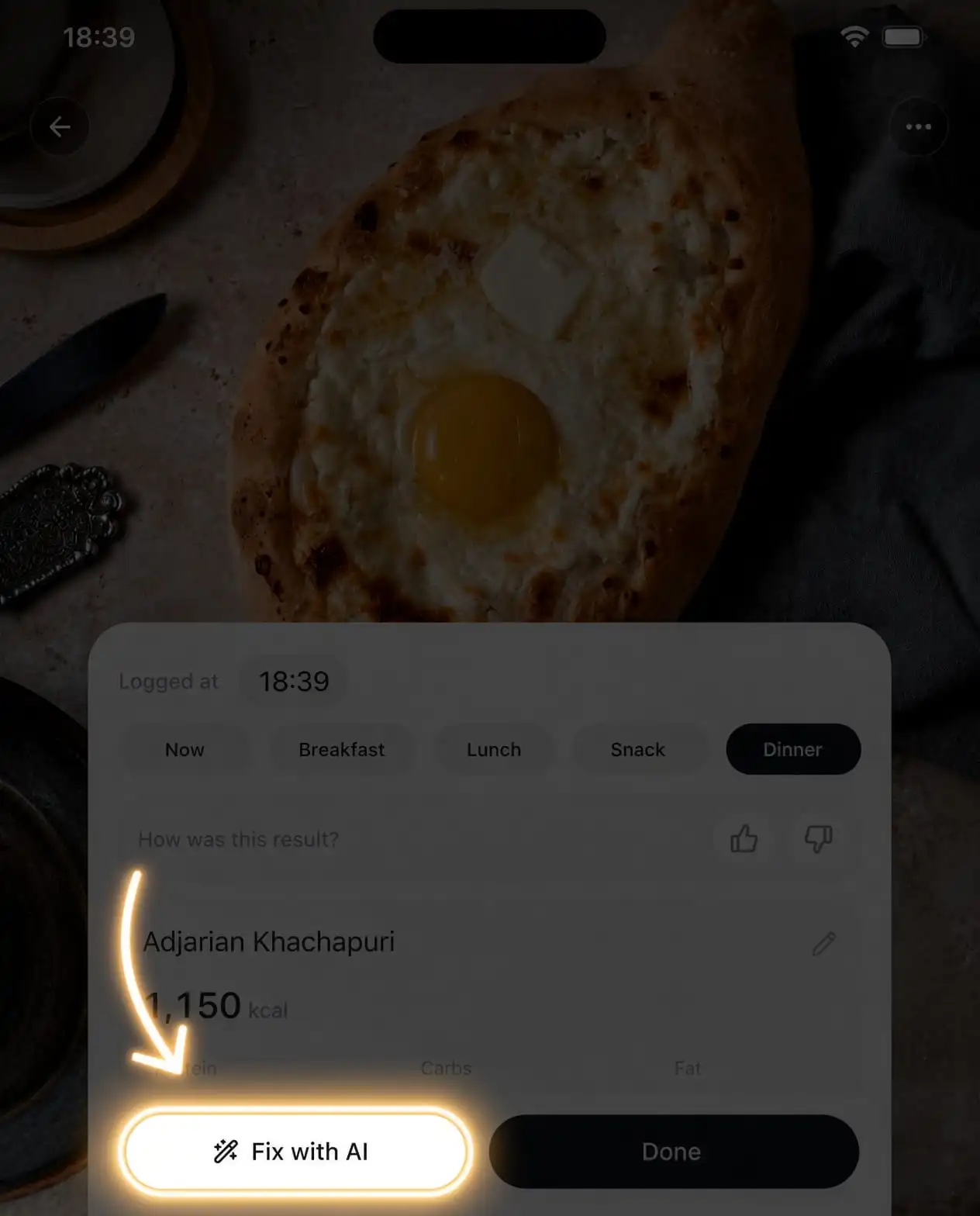 Fitroom Fix with AI action highlighted on a meal result
