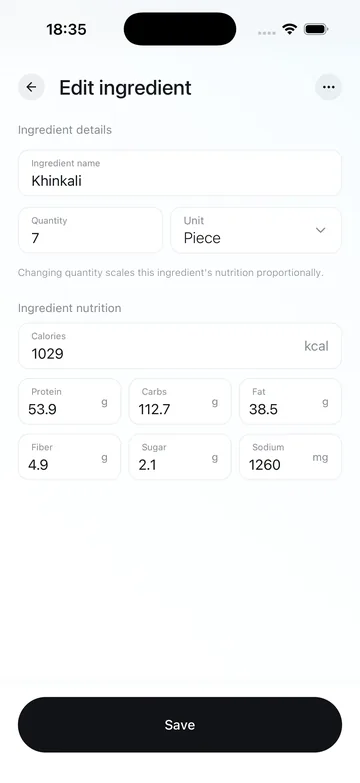 Fitroom edit ingredient screen