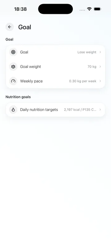 Fitroom personal goal and nutrition targets screen