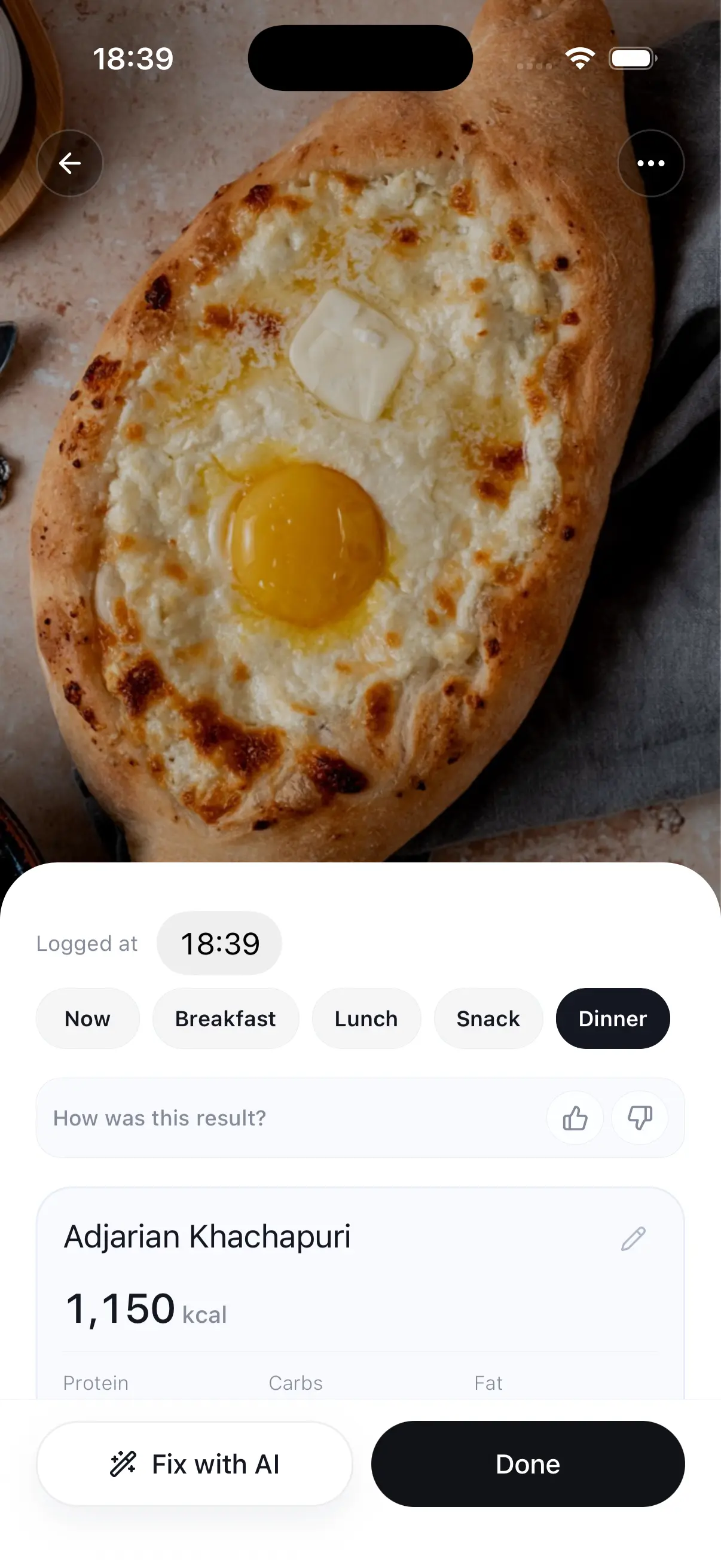 Fitroom analyzed meal result with calories and macros